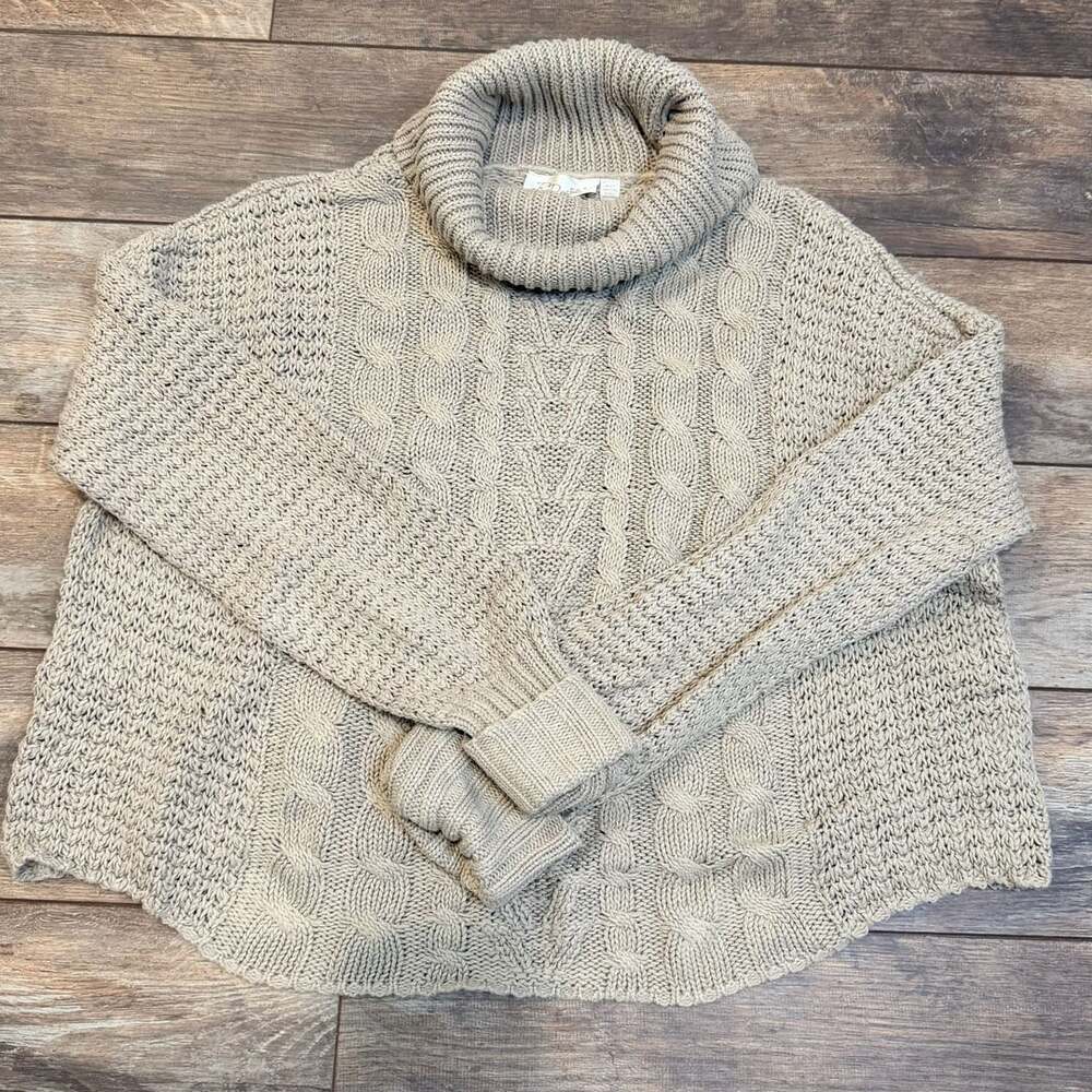 RD Style Beige Oversized Crop Cable Knit Turtleneck Sweater, Size Large